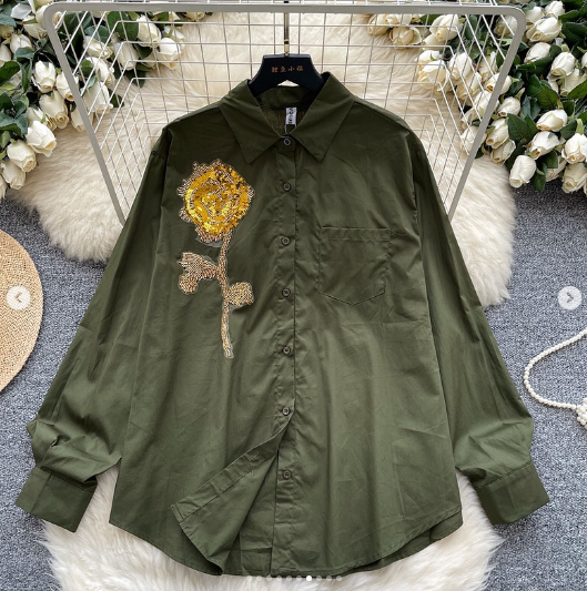 Women's European Chic Streetwear Shirt Sequins 3D Floral